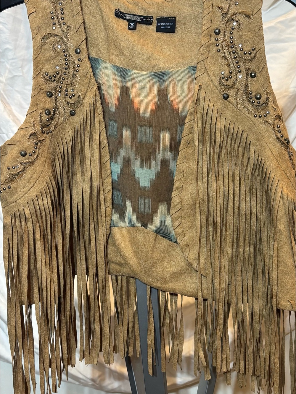 Miss Me Tan Suede Fringe Vest with Stud Embellishment